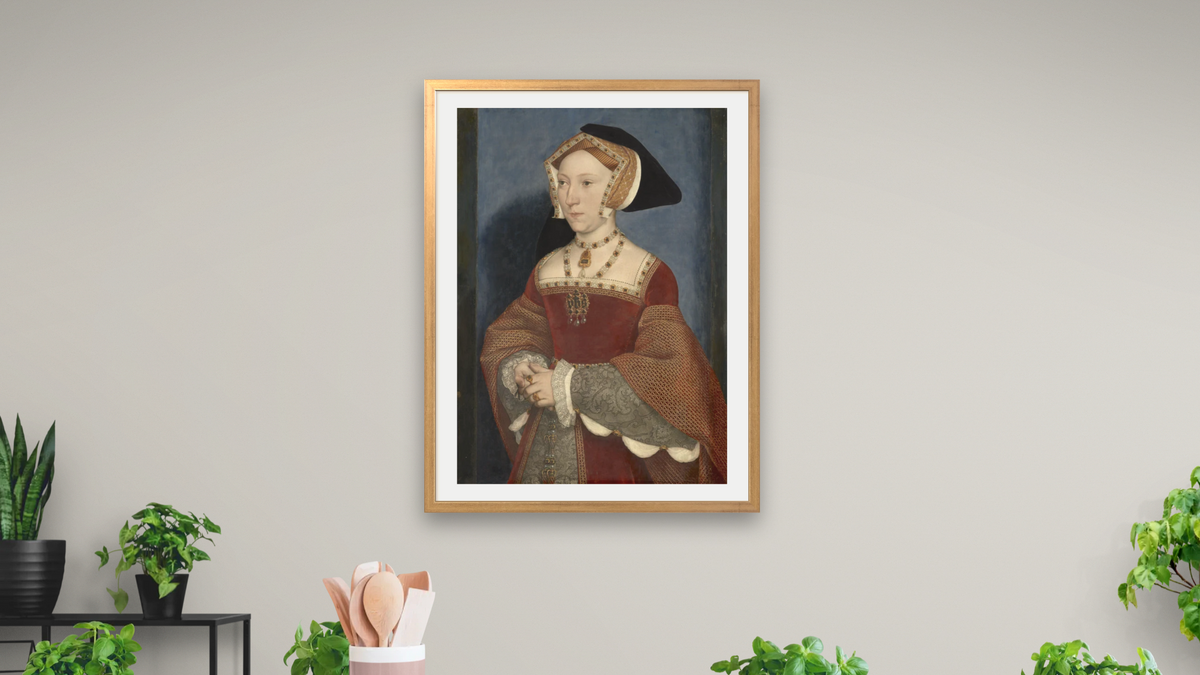 Jane Seymour (1509-1537) by Hans Holbein the Younger, shown at 30 × 40 in (76.2 × 101.6 cm) in Ramino Night Gold, dining