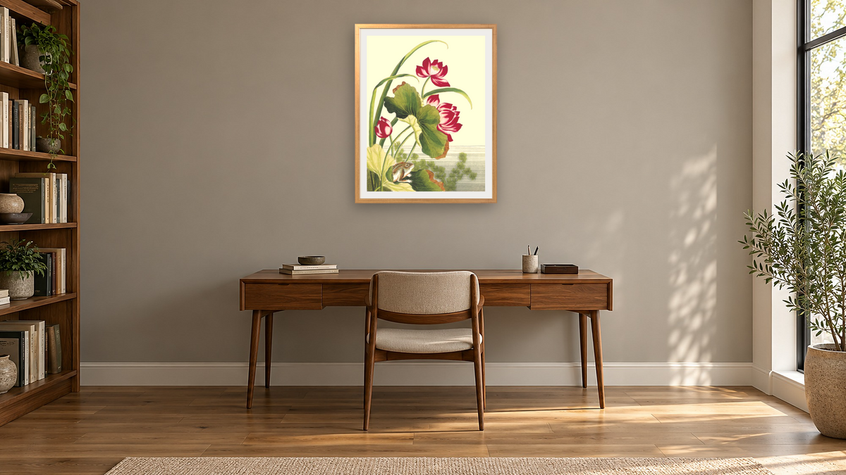 Red lotus with frog by Pierre Joseph Buchoz, shown at 30 × 40 in (76.2 × 101.6 cm) in Ramino Night Gold, library