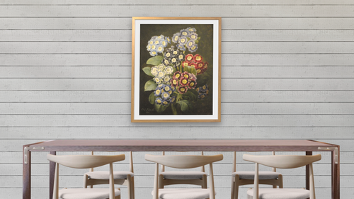 A Bouquet of Auriculas by Pierre Joseph Redouté, shown at 32 × 40 in (81.3 × 101.6 cm) in Ramino Night Gold, dining [arteriel-render:v6:room_a:32x40@50,35]