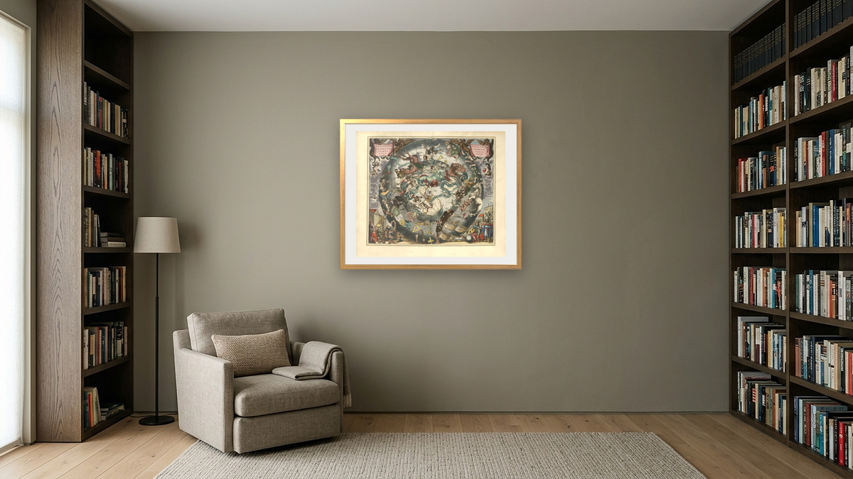 Plate 28 from Harmonia Macrocosmica by Andreas Cellarius, shown at 32 × 40 in (81.3 × 101.6 cm) in Ramino Night Gold, library
