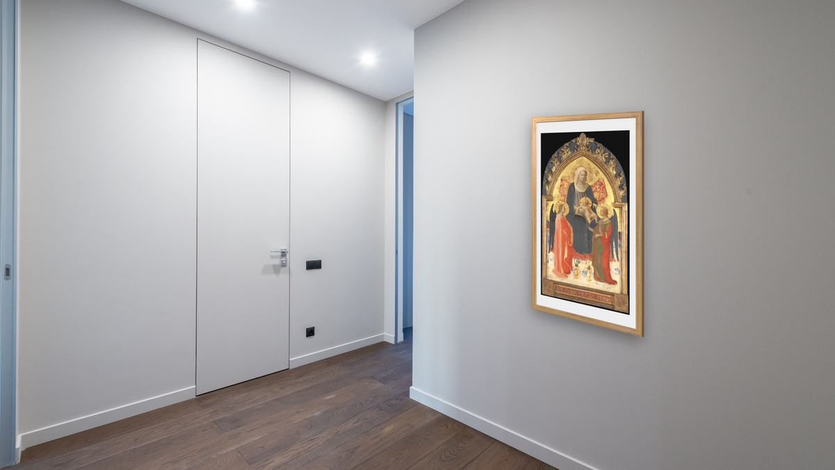 Altarpiece with the Madonna and Child with Two Angels by Fra Angelico, shown at 20 × 40 in (50.8 × 101.6 cm) in Ramino Night Gold, hallway