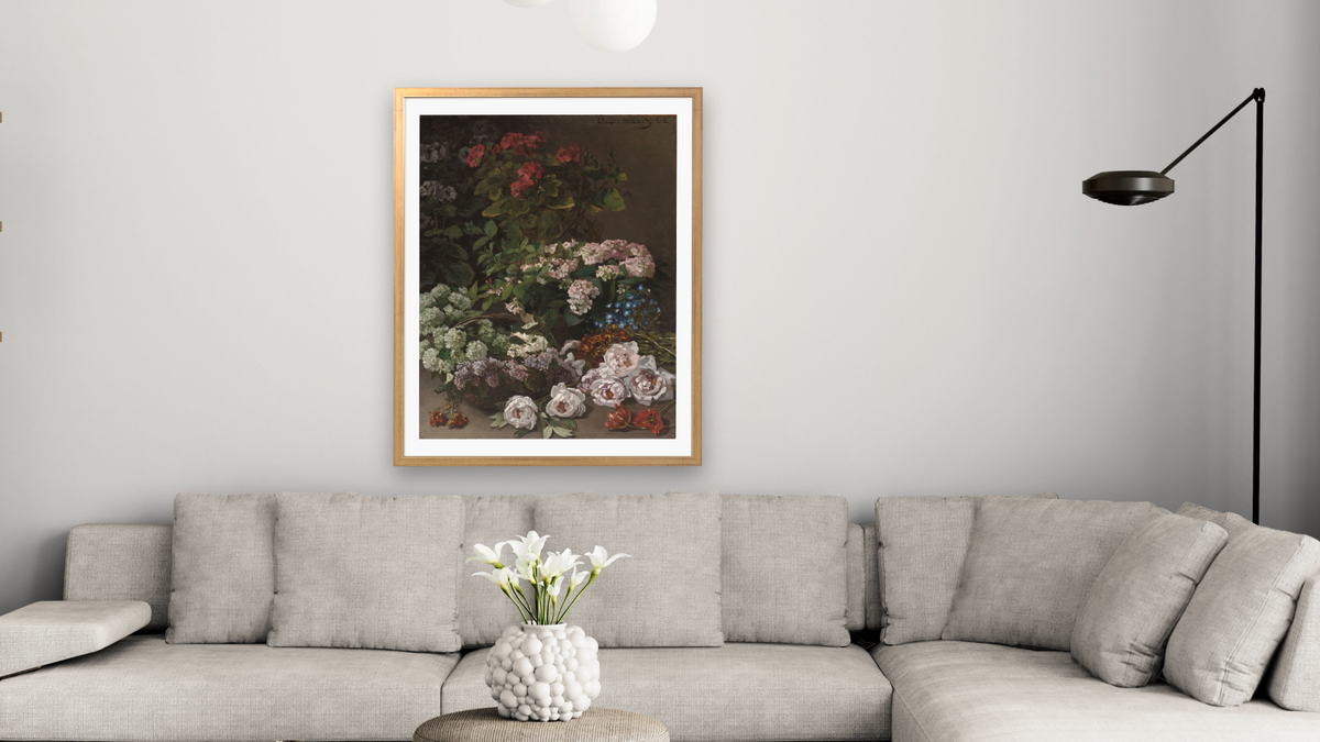 Spring Flowers by Claude Monet, shown at 30 × 40 in (76.2 × 101.6 cm) in Ramino Night Gold, living
