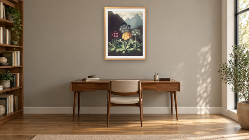A Group of Auriculas by Robert John Thornton, shown at 30 × 40 in (76.2 × 101.6 cm) in Ramino Night Gold, library [arteriel-render:v6:room_a:30x40@50,24]