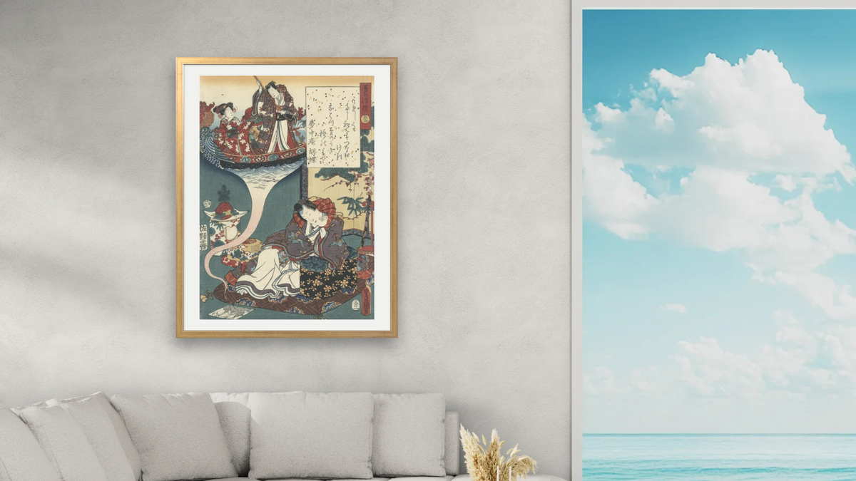 Dream Ukihashi by Utagawa Toyokuni, shown at 30 × 40 in (76.2 × 101.6 cm) in Ramino Night Gold, living