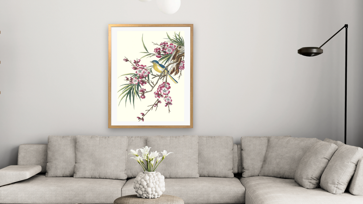 Flowering cherry with blue winged yellow bird by Pierre Joseph Buchoz, shown at 30 × 40 in (76.2 × 101.6 cm) in Ramino Night Gold, living
