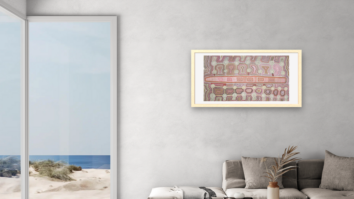 Tingari Dreaming by Timmy Payungka Tjapangati, shown at 20 × 40 in (50.8 × 101.6 cm) in Arber Natural, living