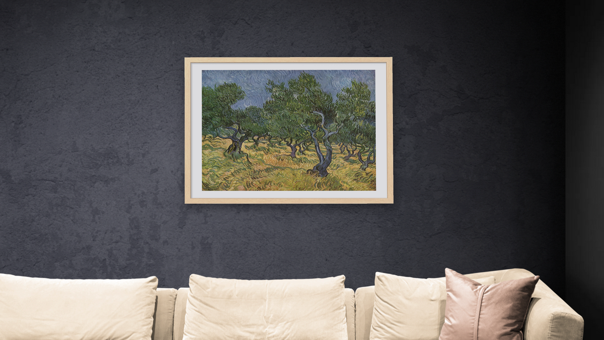 Olive Orchard by Vincent van Gogh, shown at 30 × 40 in (76.2 × 101.6 cm) in Arber Natural, living