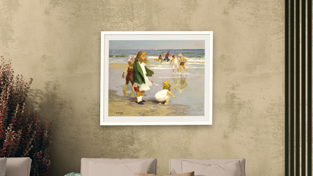 Play In the Surf by Edward Henry Potthast I, shown at 32 × 40 in (81.3 × 101.6 cm) in Arber Natural, living