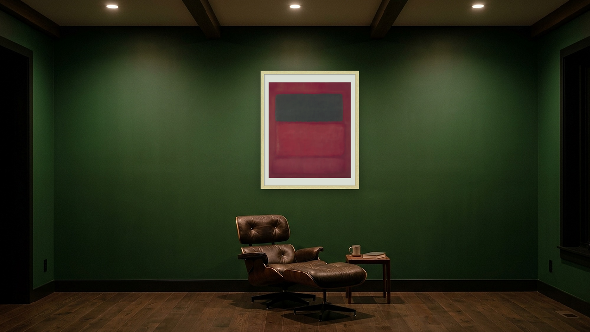 Black Over Reds (Black on Red) by Mark Rothko, shown at 32 × 40 in (81.3 × 101.6 cm) in Arber Natural, den