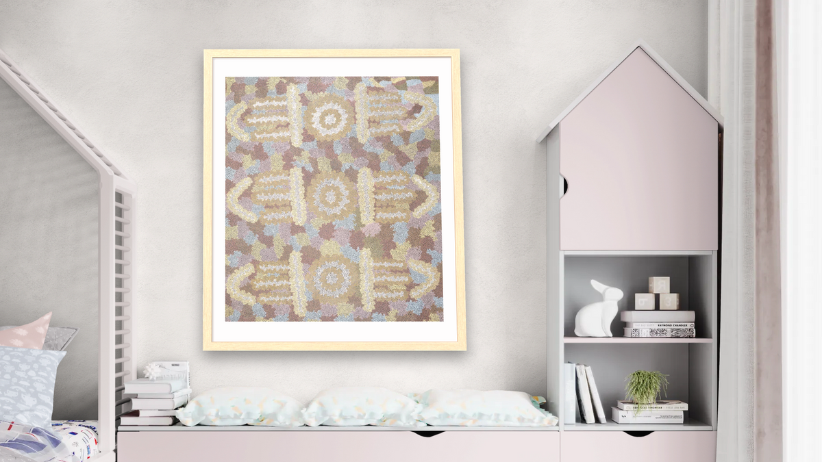 Women's Ceremony by Clifford Possum Tjapaltjarri, shown at 32 × 40 in (81.3 × 101.6 cm) in Arber Natural, bedroom