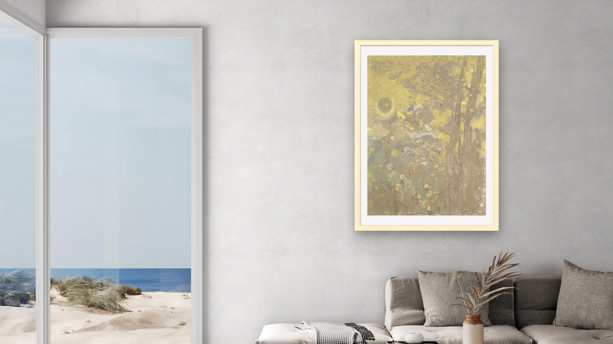 Trees on a yellow Background by Odilon Redon, shown at 28 × 42 in (71.1 × 106.7 cm) in Arber Natural, living