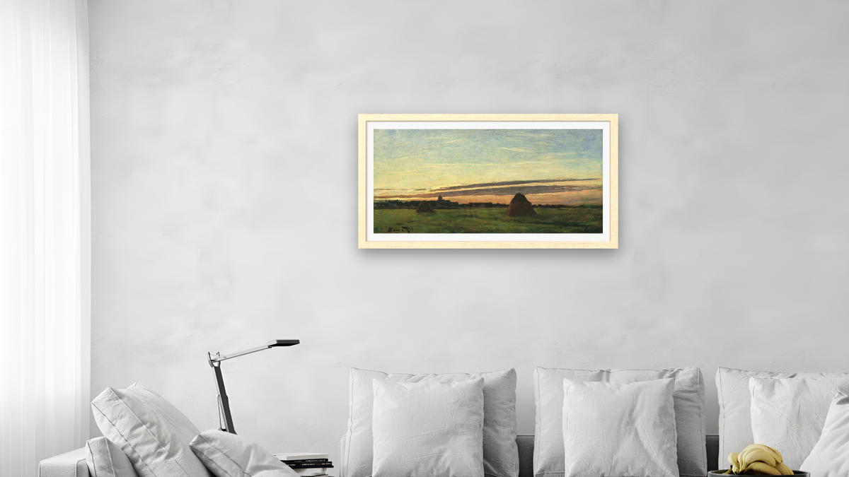 Haystacks at Chailly by Claude Monet, shown at 20 × 40 in (50.8 × 101.6 cm) in Arber Natural, living