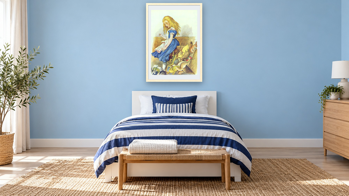Alice Upsets the Jury-Box, illustration from 'Alice in Wonderland' by Lewis Carroll by John Tenniel, shown at 28 × 42 in (71.1 × 106.7 cm) in Arber Natural, kids' room