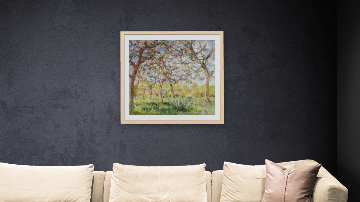 Spring at Giverny by Claude Monet, shown at 32 × 32 in (81.3 × 81.3 cm) in Arber Natural, living