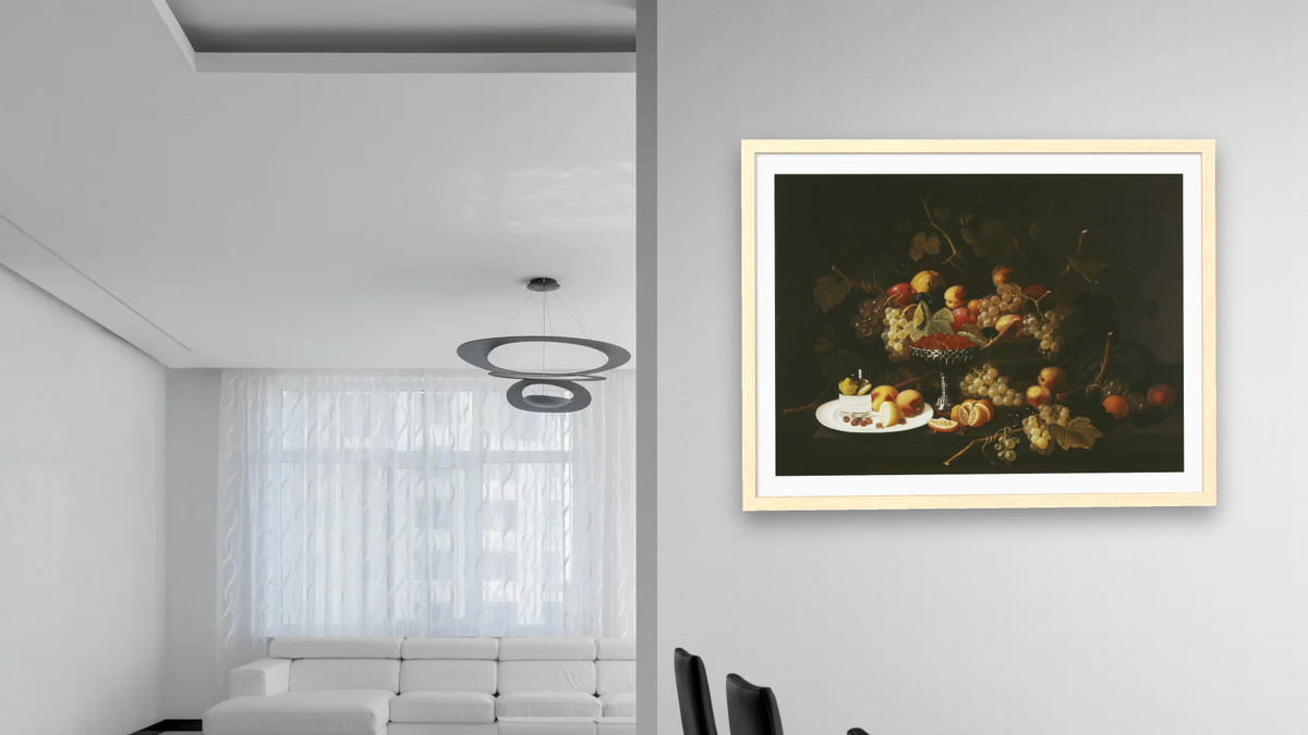 Still Life with Fruit and Sliced Lemon by Severin Roesen, shown at 30 × 40 in (76.2 × 101.6 cm) in Arber Natural, dining