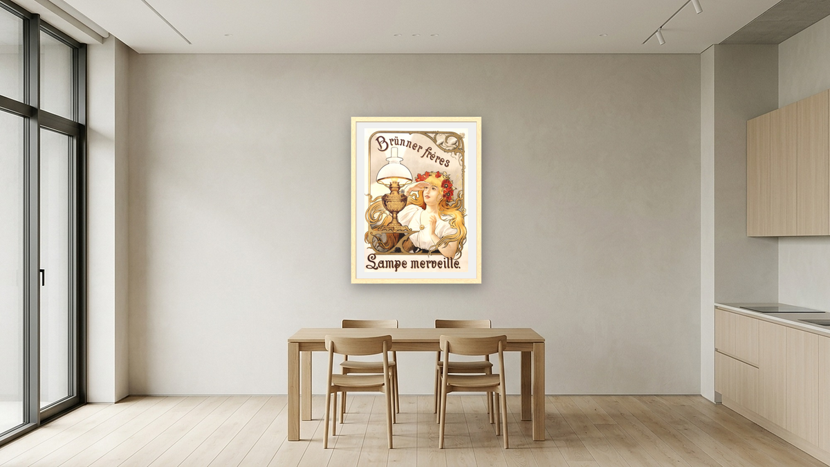 Brunner Freres Austrian Advertising Poster, shown at 30 × 40 in (76.2 × 101.6 cm) in Arber Natural, kitchen