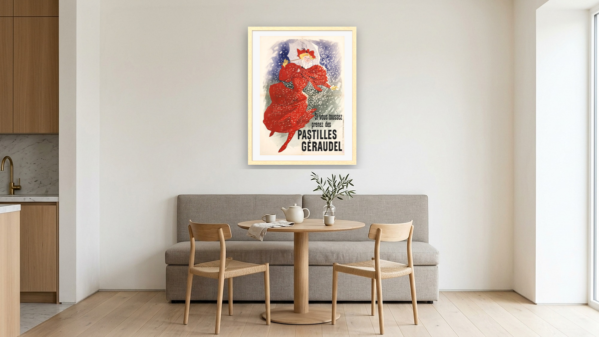 Pastilles Geraudel Poster by Jules Chéret, shown at 30 × 40 in (76.2 × 101.6 cm) in Arber Natural, kitchen