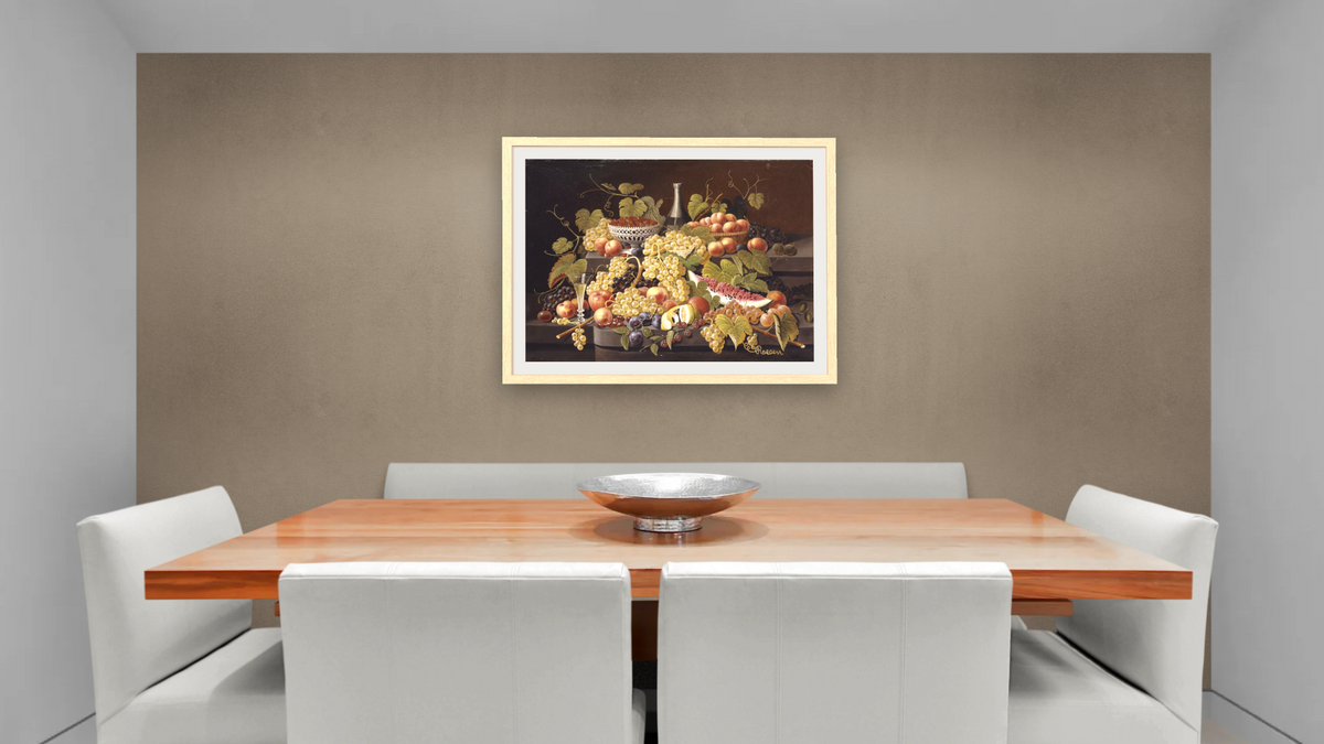 Still Life with Fruit and Champagne by Severin Roesen, shown at 30 × 40 in (76.2 × 101.6 cm) in Arber Natural, dining