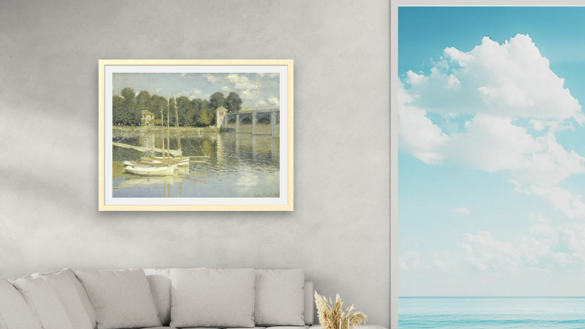 The Argenteuil Bridge by Claude Monet, shown at 30 × 40 in (76.2 × 101.6 cm) in Arber Natural, living