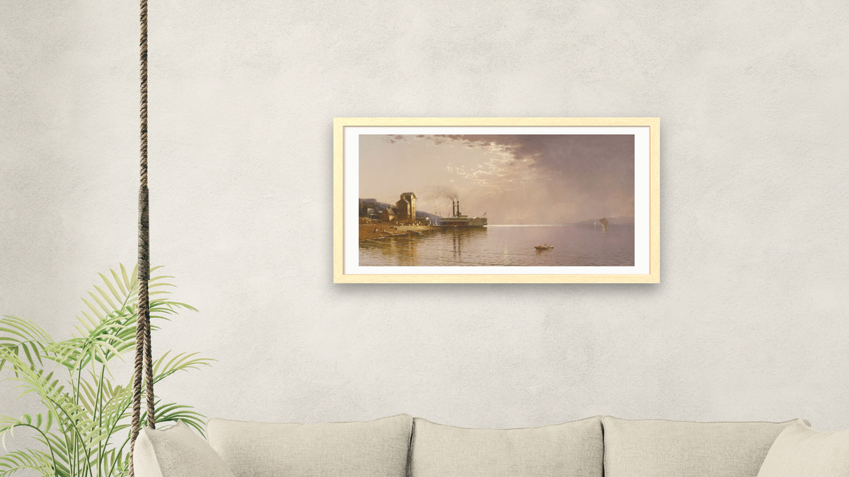 The Sidewheeler "The City of St. Paul" on the Mississippi River, Dubuque, Iowa by Alfred Thompson Bricher, shown at 20 × 40 in (50.8 × 101.6 cm) in Arber Natural, living