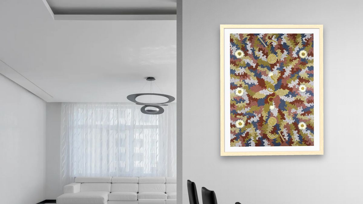 Men's Dreaming by Clifford Possum Tjapaltjarri, shown at 30 × 40 in (76.2 × 101.6 cm) in Arber Natural, dining