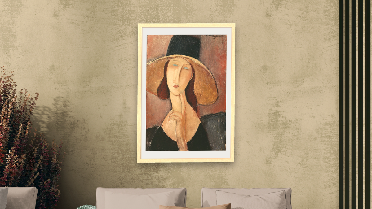 Portrait of Jeanne Hebuterne in a large hat by Amedeo Modigliani, shown at 28 × 42 in (71.1 × 106.7 cm) in Arber Natural, living