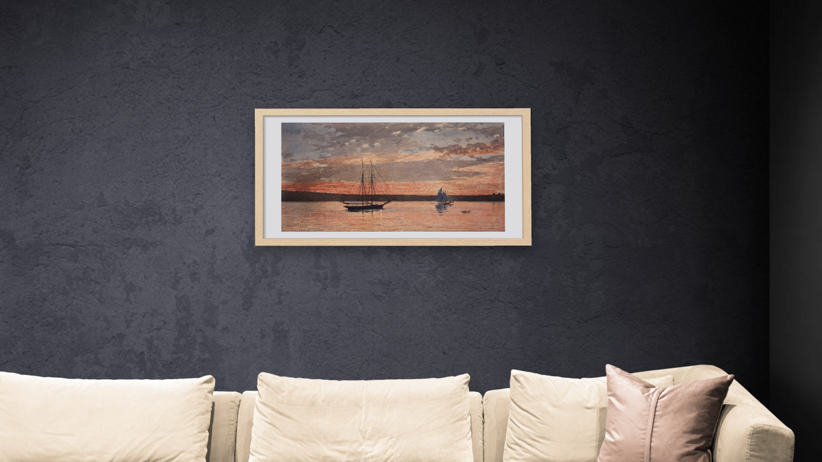 Sunset at Gloucester by Winslow Homer, shown at 20 × 40 in (50.8 × 101.6 cm) in Arber Natural, living