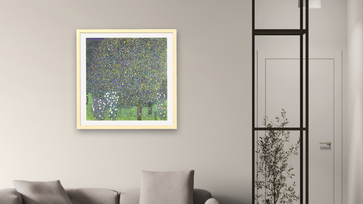 Roses under the Trees by Gustav Klimt, shown at 32 × 32 in (81.3 × 81.3 cm) in Arber Natural, living