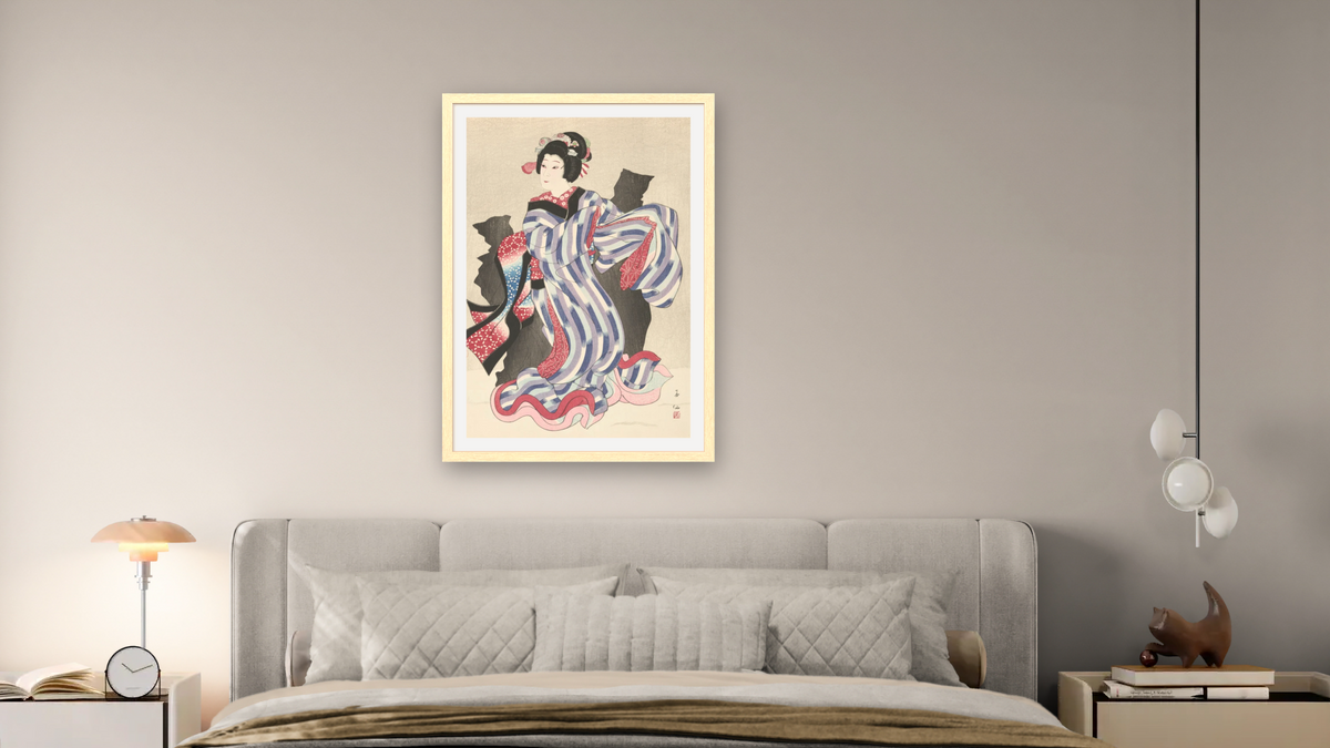 The Actor Nakamura Jakuemon III as Oshichi by Natori Shunsen, shown at 28 × 42 in (71.1 × 106.7 cm) in Arber Natural, bedroom