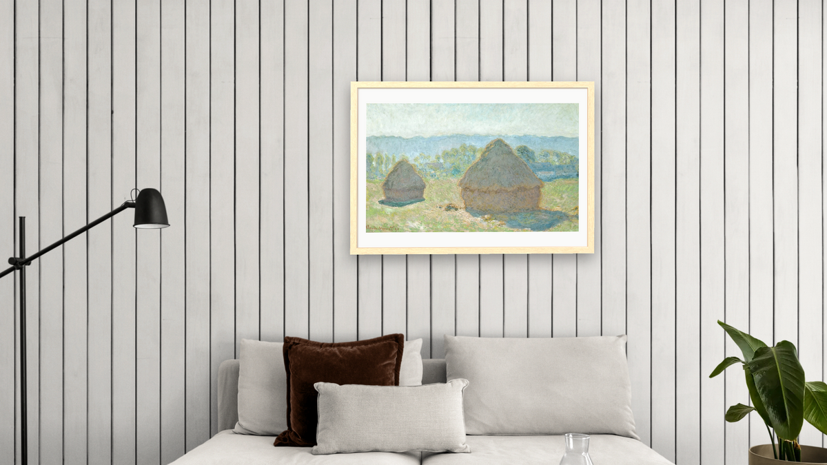 Grainstacks in Bright Sunlight by Claude Monet, shown at 28 × 42 in (71.1 × 106.7 cm) in Arber Natural, living