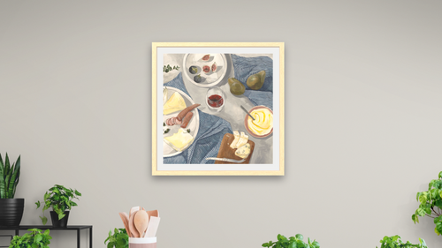 Afternoon Antipasto by Catherine Gerke, shown at 32 × 32 in (81.3 × 81.3 cm) in Arber Natural, dining [arteriel-render:v6:room_a:32x32@49,44]