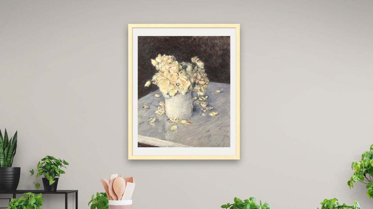 Yellow Roses in a Vase (Roses jaunes dans un vase) by Gustave Caillebotte, shown at 32 × 40 in (81.3 × 101.6 cm) in Arber Natural, dining