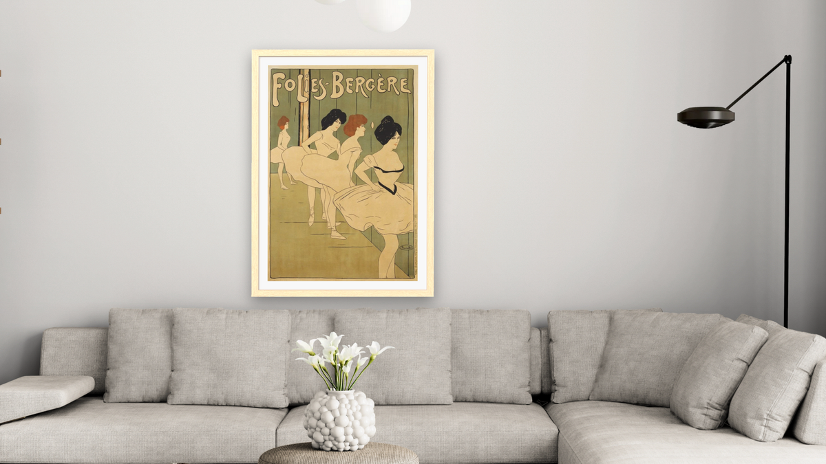 Folies-Bergere Poster by Maurice Biais, shown at 28 × 42 in (71.1 × 106.7 cm) in Arber Natural, living