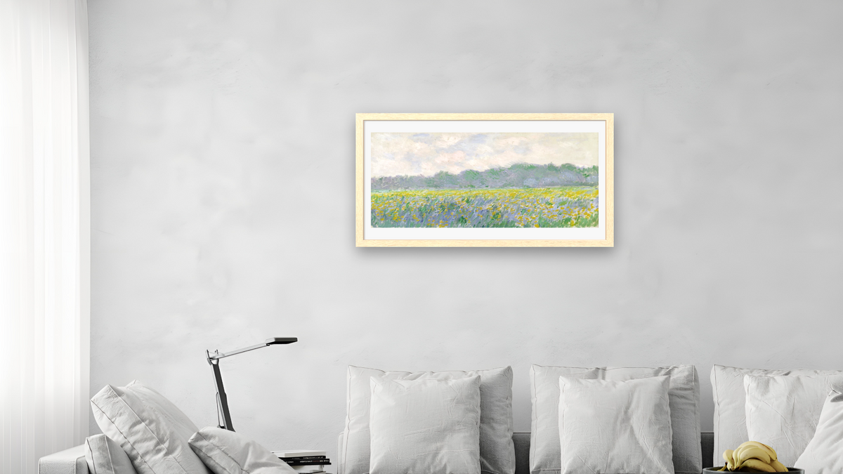Field of Yellow Irises at Giverny by Claude Monet, shown at 20 × 40 in (50.8 × 101.6 cm) in Arber Natural, living