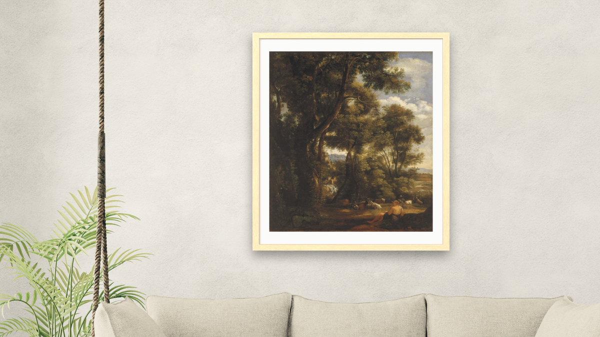 Landscape with goatherd and goats by John Constable, shown at 32 × 40 in (81.3 × 101.6 cm) in Arber Natural, living