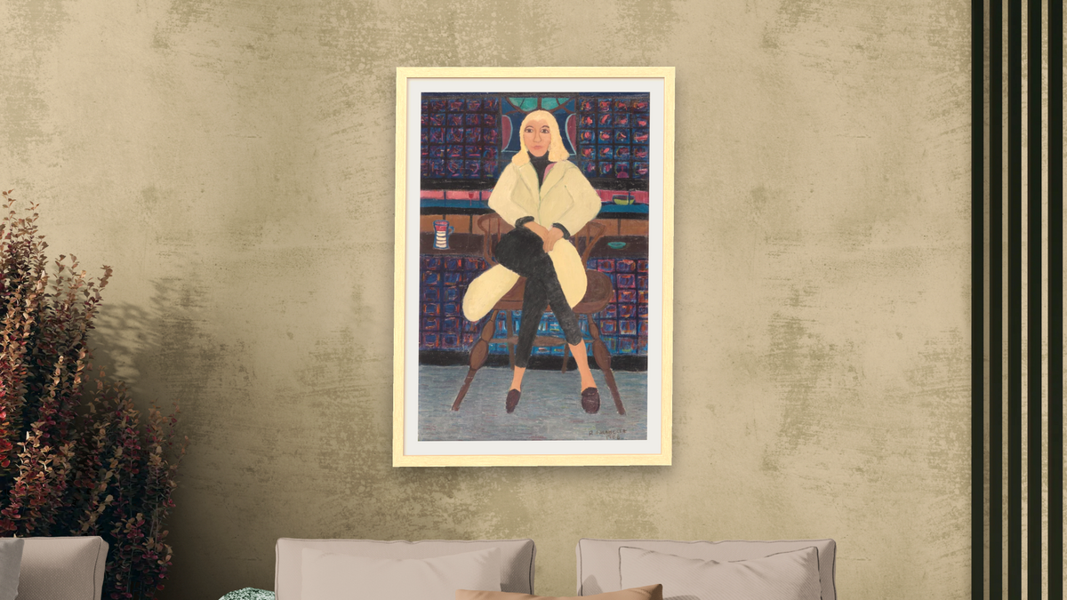 Blond on Bar Stool by Ralph Fasanella, shown at 28 × 42 in (71.1 × 106.7 cm) in Arber Natural, living