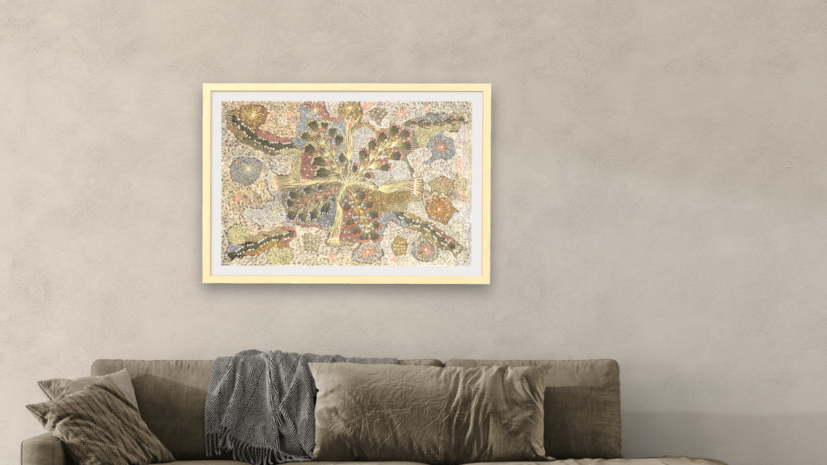 Bush Banana Dreaming by Eunice Napangardi, shown at 28 × 42 in (71.1 × 106.7 cm) in Arber Natural, living