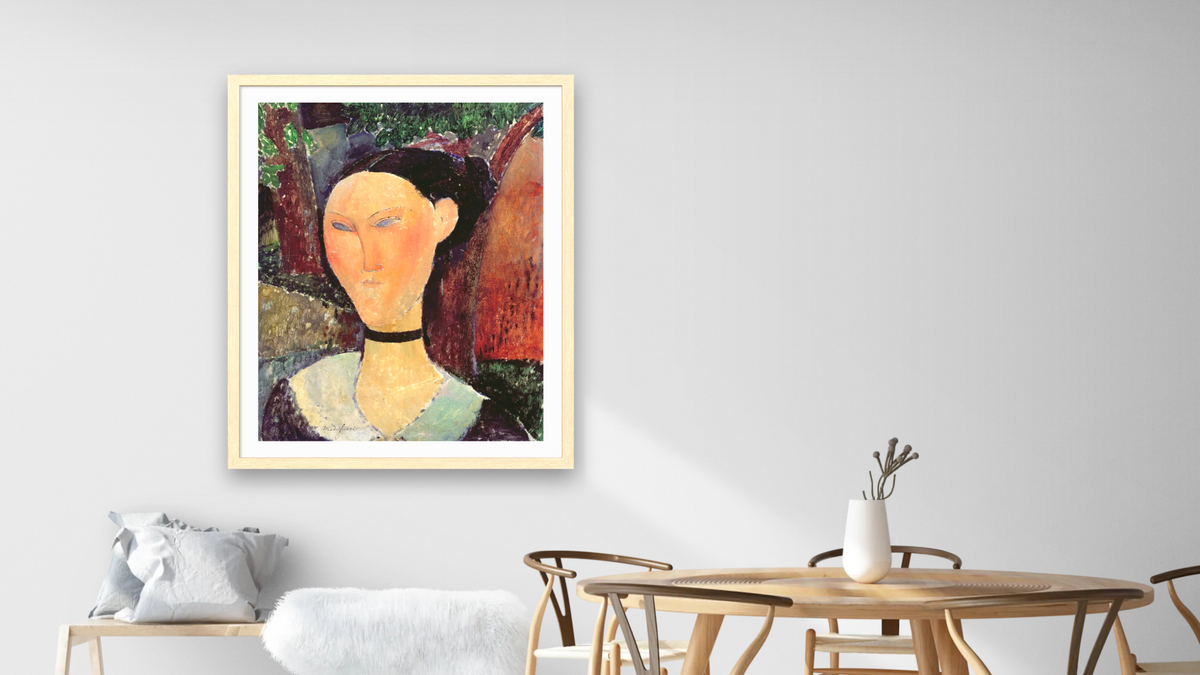 Woman with a Velvet Neckband by Amedeo Modigliani, shown at 32 × 40 in (81.3 × 101.6 cm) in Arber Natural, dining