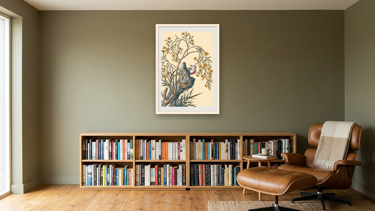 Yellow jasmine with bird and scholar's rock by Pierre Joseph Buchoz, shown at 28 × 42 in (71.1 × 106.7 cm) in Arber Natural, library