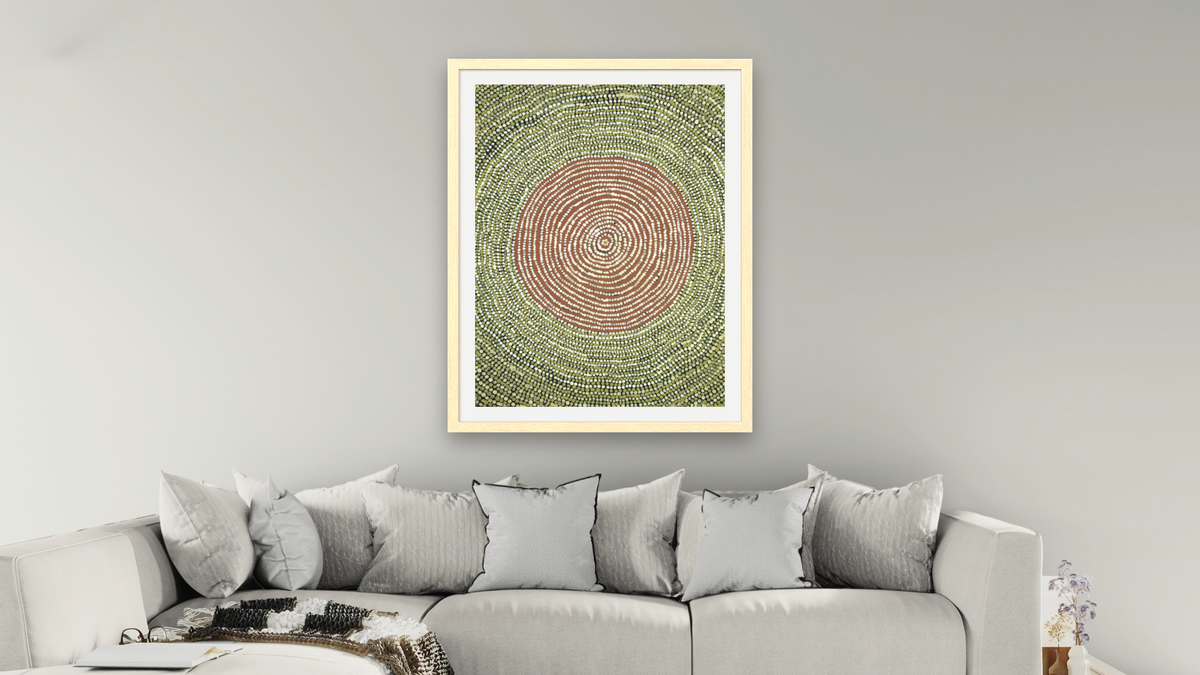 Untitled (concentric circles) by Uta Uta Tjangala, shown at 30 × 40 in (76.2 × 101.6 cm) in Arber Natural, living