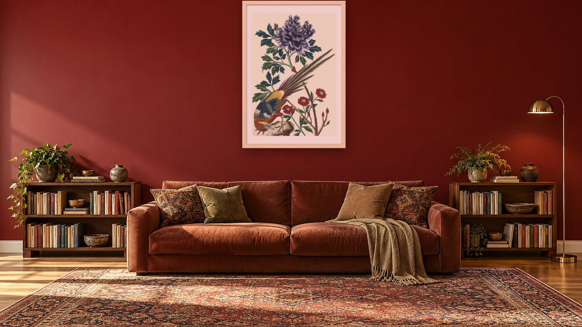 Purple peony with Chinese pheasant by Pierre Joseph Buchoz, shown at 28 × 42 in (71.1 × 106.7 cm) in Arber Natural, library