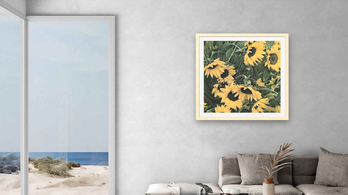 Sunflowers by Kirsten Söderlind, shown at 32 × 32 in (81.3 × 81.3 cm) in Arber Natural, living