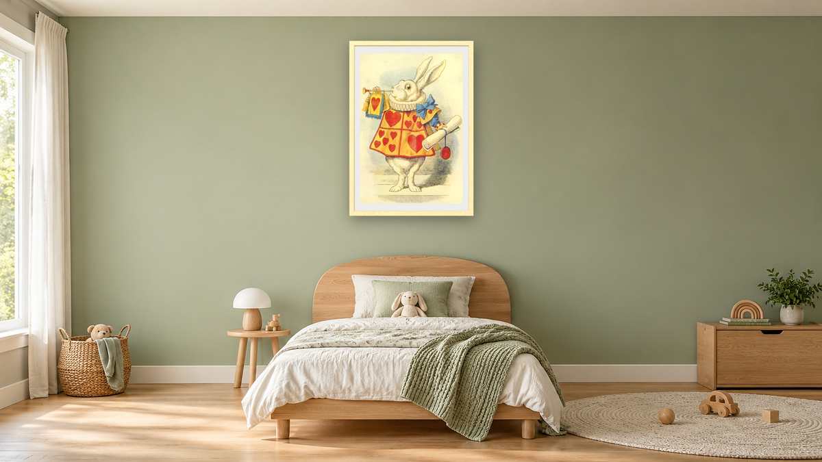 The White Rabbit, illustration from 'Alice in Wonderland' by Lewis Carroll by John Tenniel, shown at 28 × 42 in (71.1 × 106.7 cm) in Arber Natural, kids' room