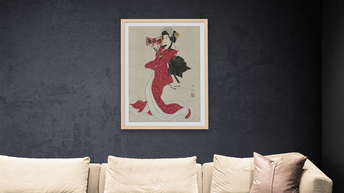 Banto Shucho as Shizuka by Natori Shunsen, shown at 28 × 42 in (71.1 × 106.7 cm) in Arber Natural, living