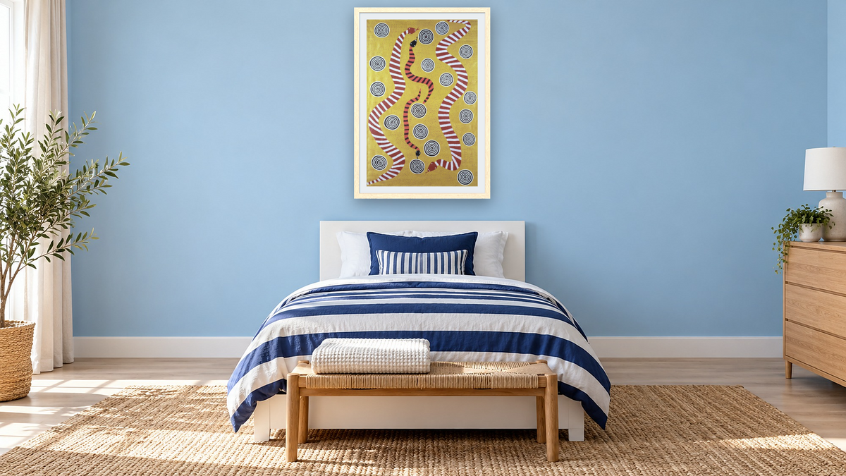 Snake Dreaming by Billy Stockman Tjapaltjarri, shown at 28 × 42 in (71.1 × 106.7 cm) in Arber Natural, kids' room