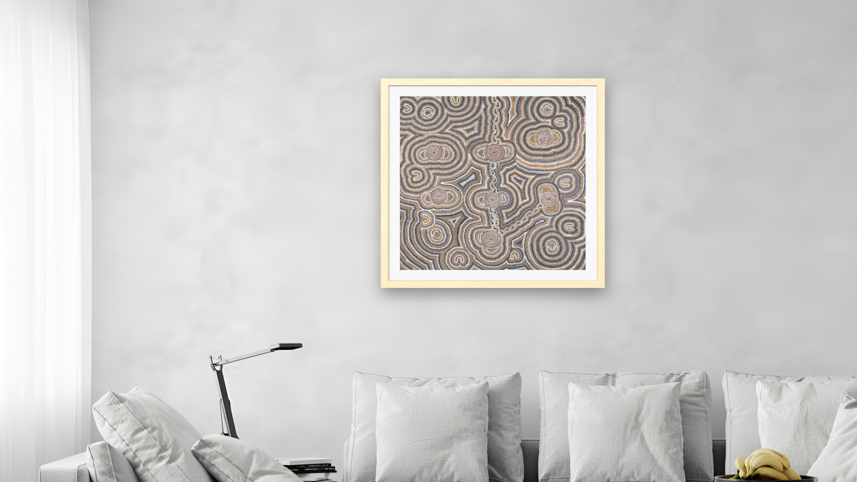 Mina Mina Dreaming, by George Tjungurrayi, shown at 32 × 32 in (81.3 × 81.3 cm) in Arber Natural, living