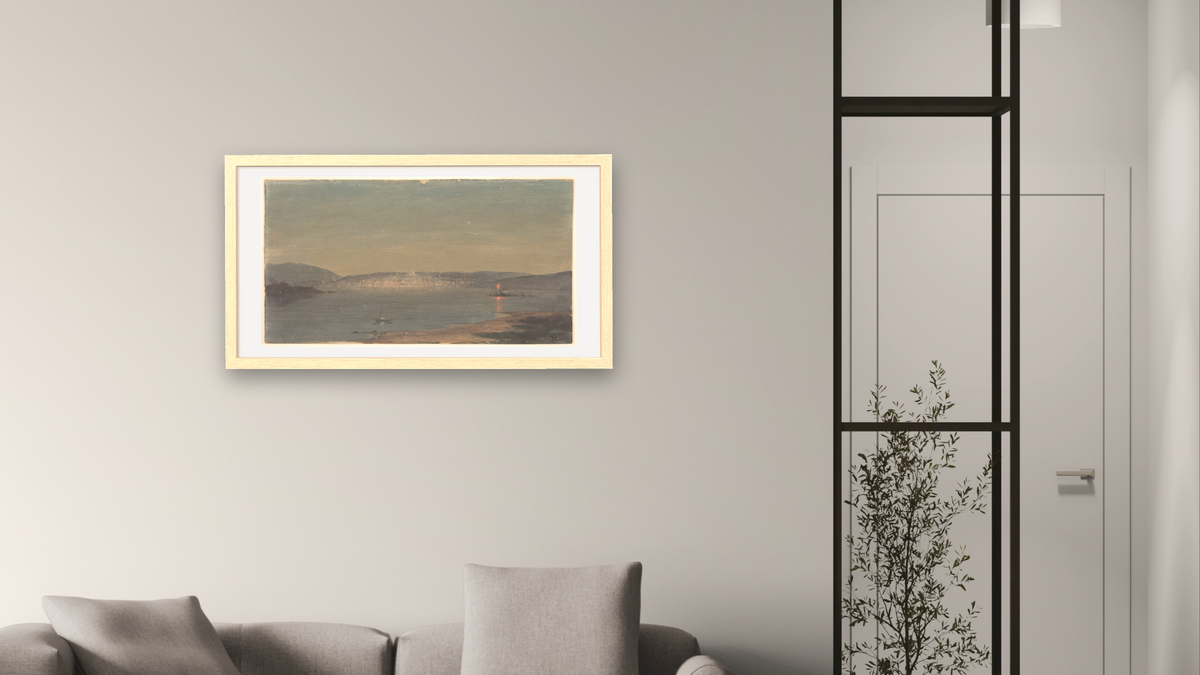 Night View of a Seaport by Frederic Edwin Church, shown at 20 × 40 in (50.8 × 101.6 cm) in Arber Natural, living