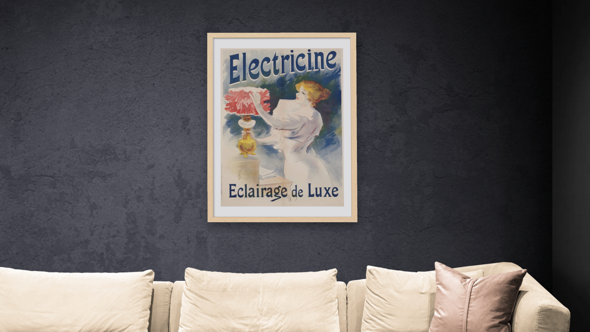 Electricine Poster by Lucien Lefevre, shown at 28 × 42 in (71.1 × 106.7 cm) in Arber Natural, living