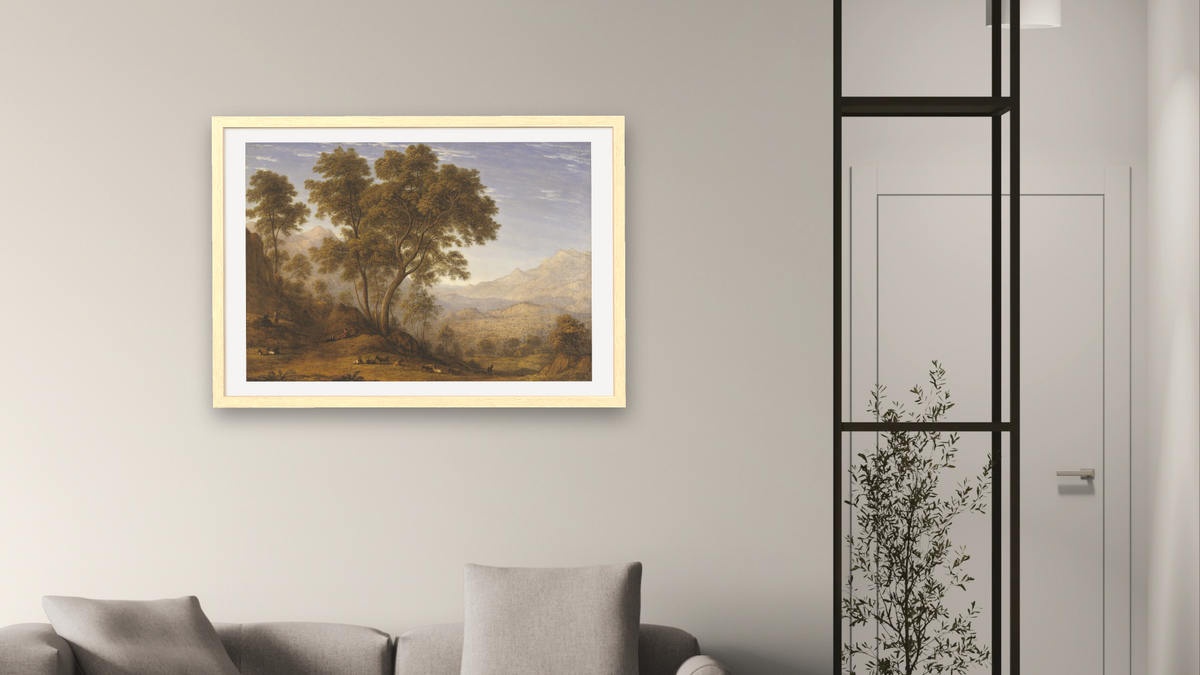 My last view of Italy, looking from the alps over Suza by John Glover, shown at 28 × 42 in (71.1 × 106.7 cm) in Arber Natural, living