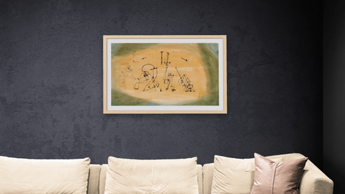 Abstract Trio by Paul Klee, shown at 28 × 42 in (71.1 × 106.7 cm) in Arber Natural, living [arteriel-render:v6:room_a:28x42@48,38]